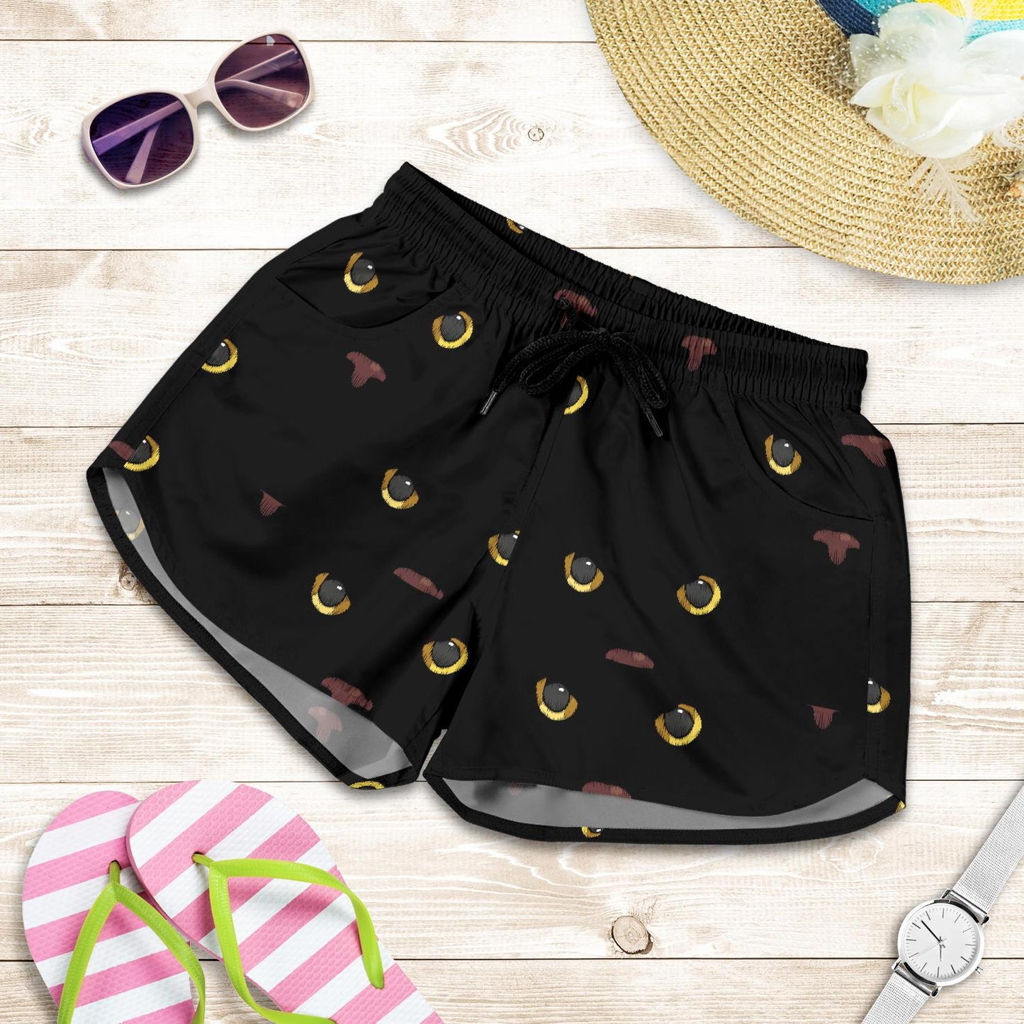 Black Cat Face Print Pattern Women Shorts-JTAMIGO.COM
