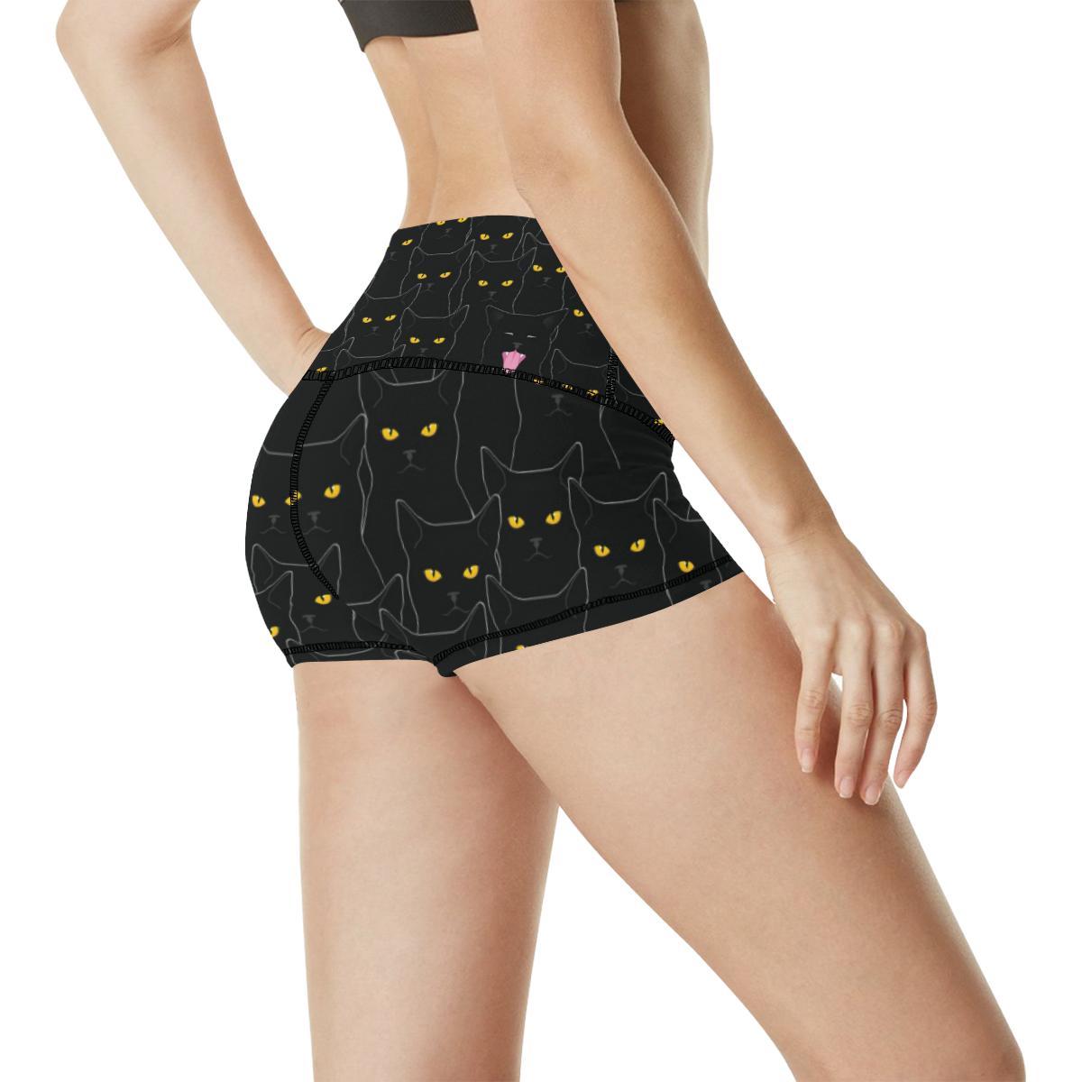 Black Cat Yellow Eyes Print Pattern High Waisted Spandex Shorts-JTAMIGO.COM