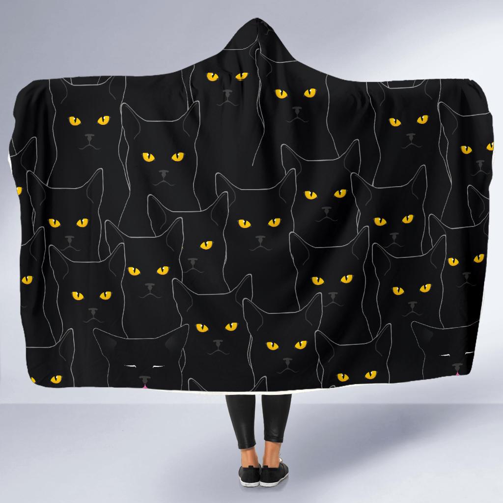Black Cat Yellow Eyes Print Pattern Hooded Blanket-JTAMIGO.COM