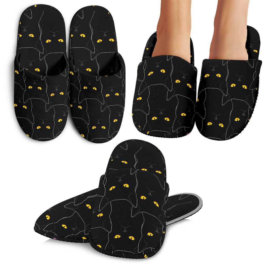 Black Cat Yellow Eyes Print Pattern House Slippers