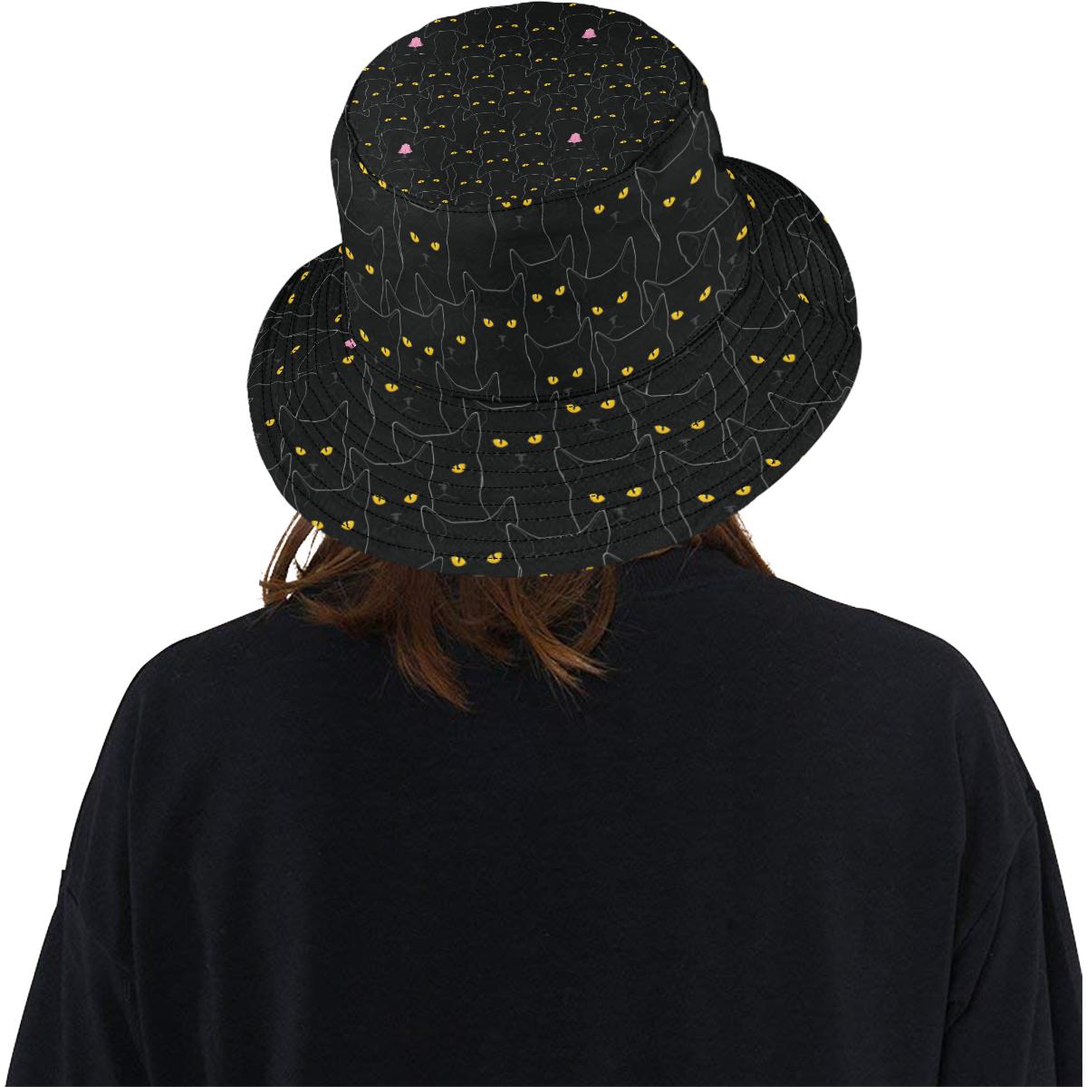 Black Cat Yellow Eyes Print Pattern Unisex Bucket Hat