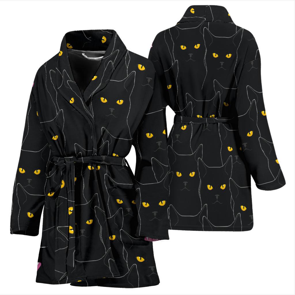 Black Cat Yellow Eyes Print Pattern Women Bath Robe-JTAMIGO.COM
