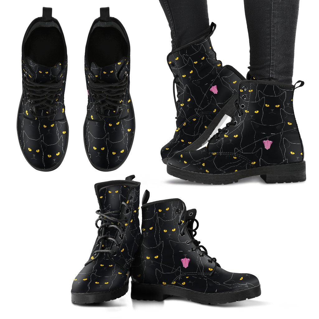 Black Cat Yellow Eyes Print Pattern Women Leather Boots-JTAMIGO.COM