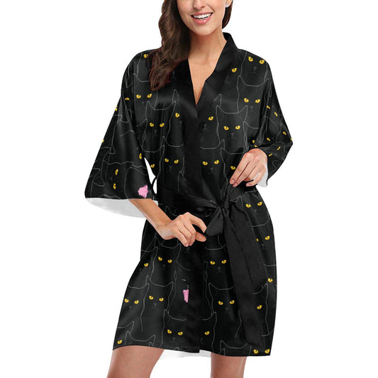 Black Cat Yellow Eyes Print Pattern Women Short Kimono Robe