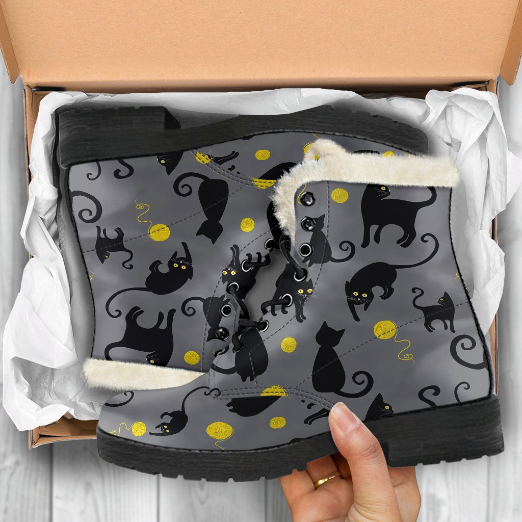 Black Cat Yellow Yarn Print Pattern Faux Fur Leather Boots-JTAMIGO.COM