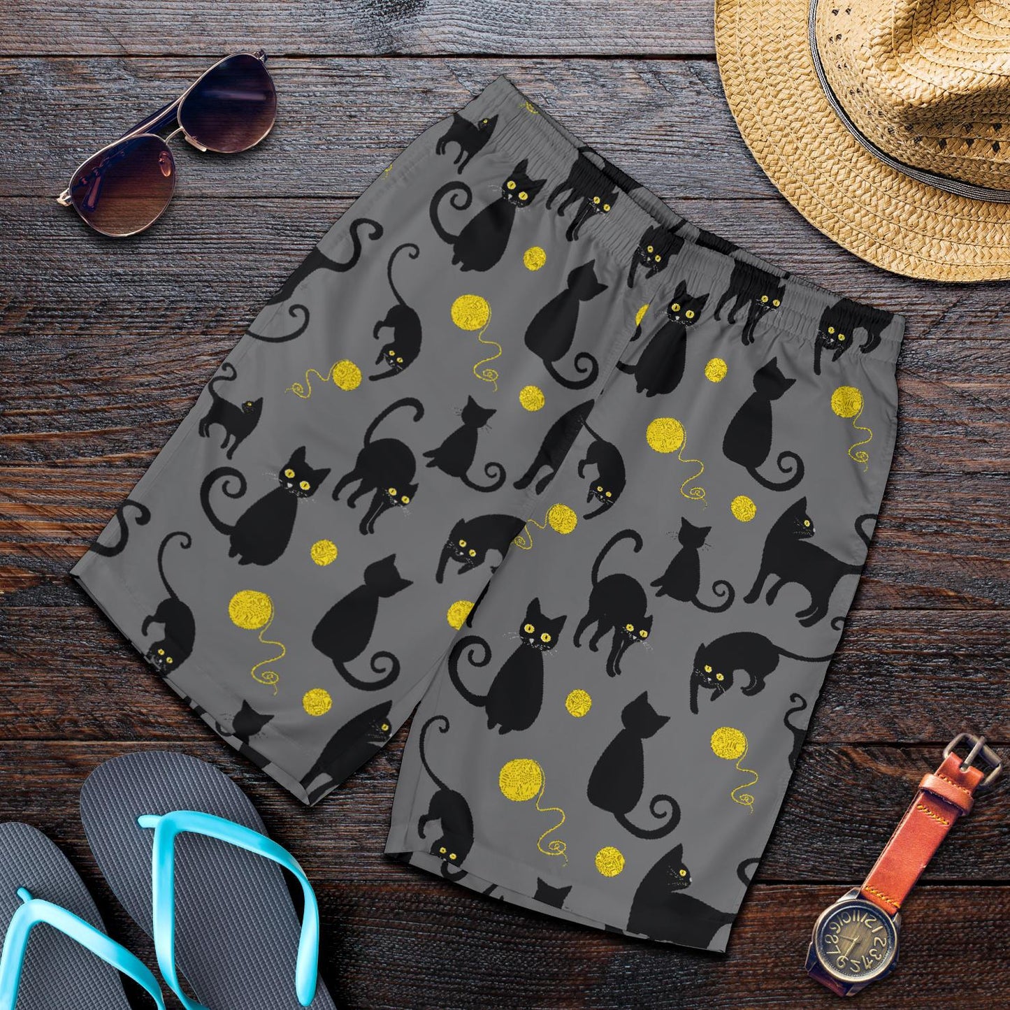 Black Cat Yellow Yarn Print Pattern Mens Shorts-JTAMIGO.COM
