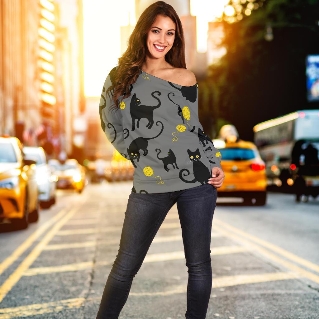 Black Cat Yellow Yarn Print Pattern Off Shoulder Sweatshirt