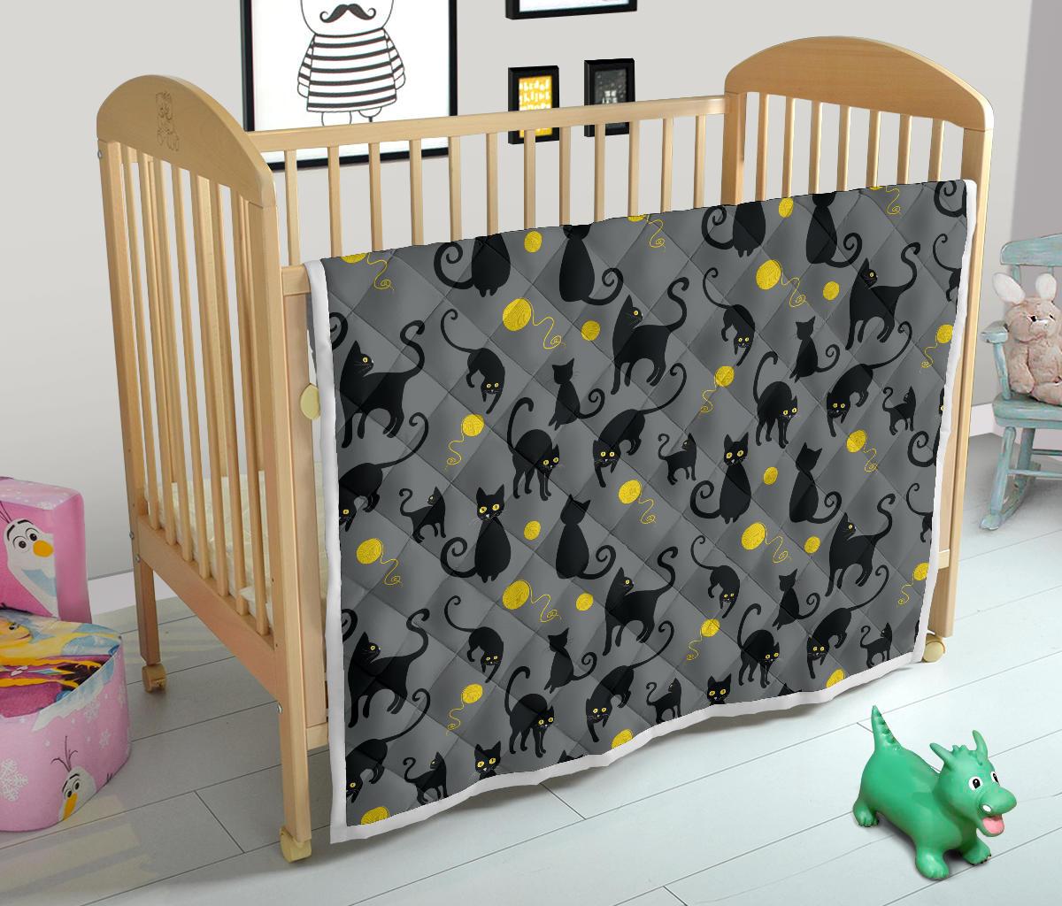 Black Cat Yellow Yarn Print Pattern Premium Quilt-JTAMIGO.COM