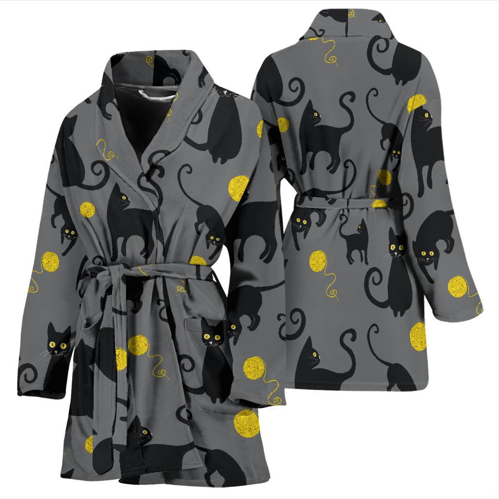 Black Cat Yellow Yarn Print Pattern Women Bath Robe-JTAMIGO.COM