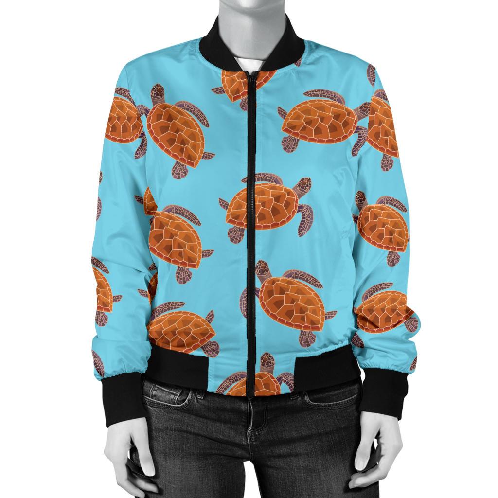 Brow Sea Turtle Print Pattern Women Casual Bomber Jacket