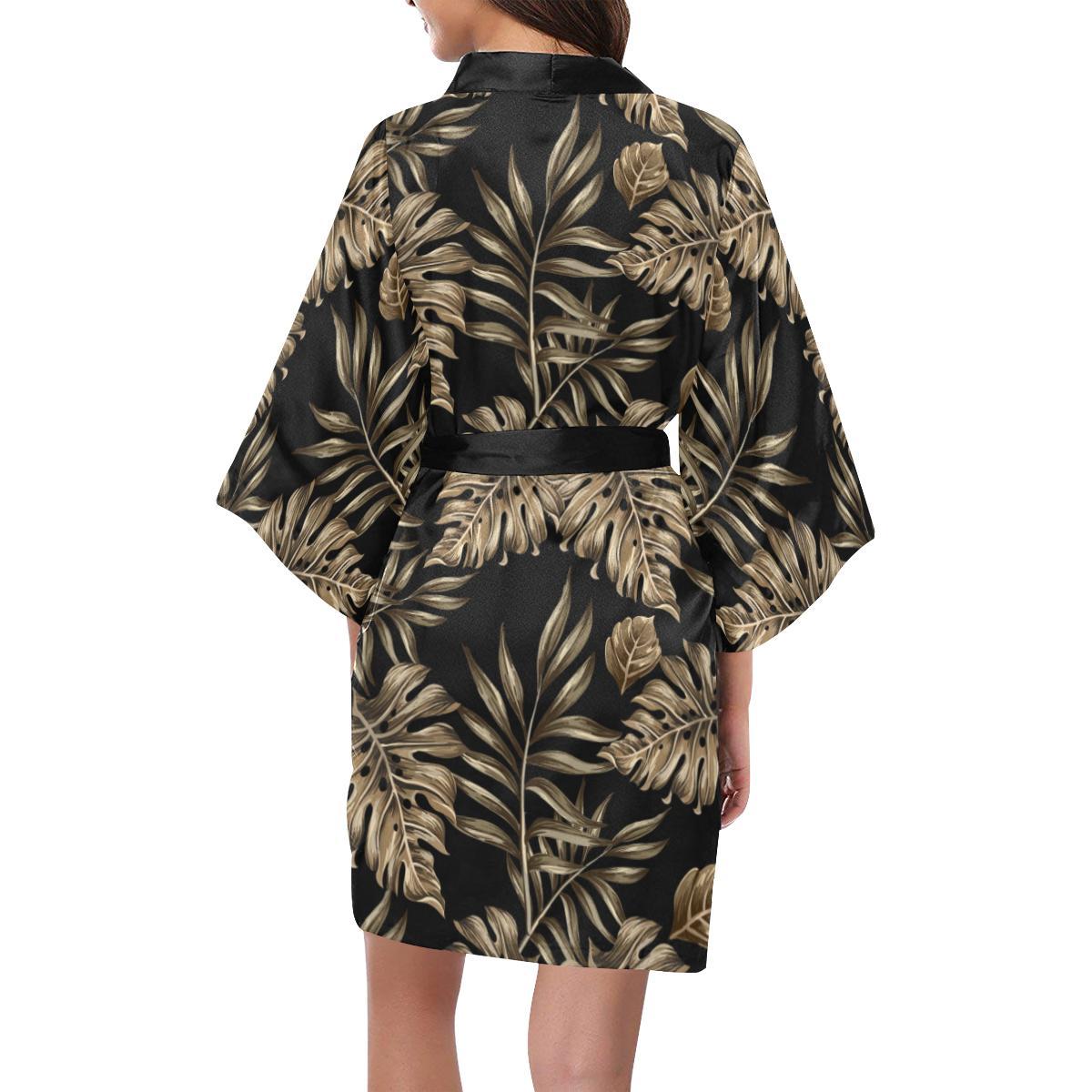 Brown Tropical Palm Leaves Women Short Kimono Robe