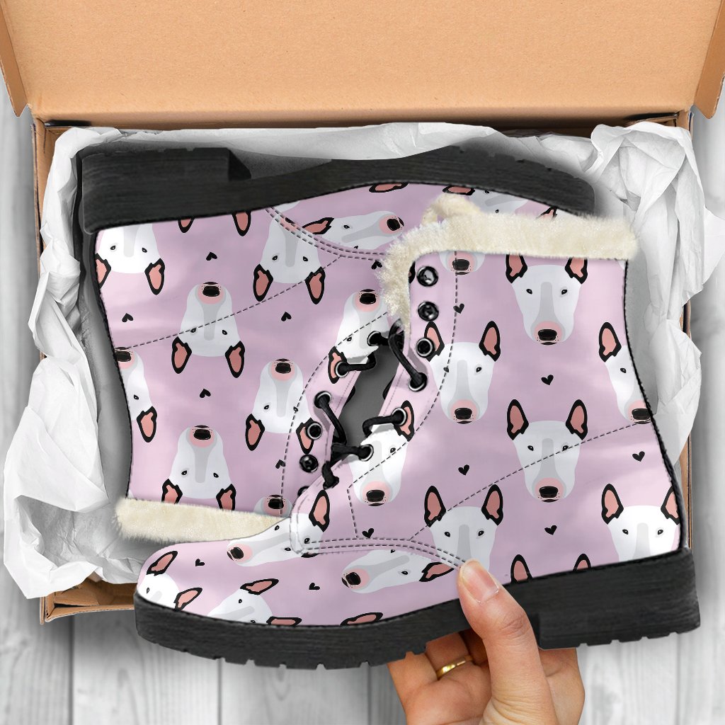 Bull Terrier Pink Print Pattern Faux Fur Leather Boots-JTAMIGO.COM