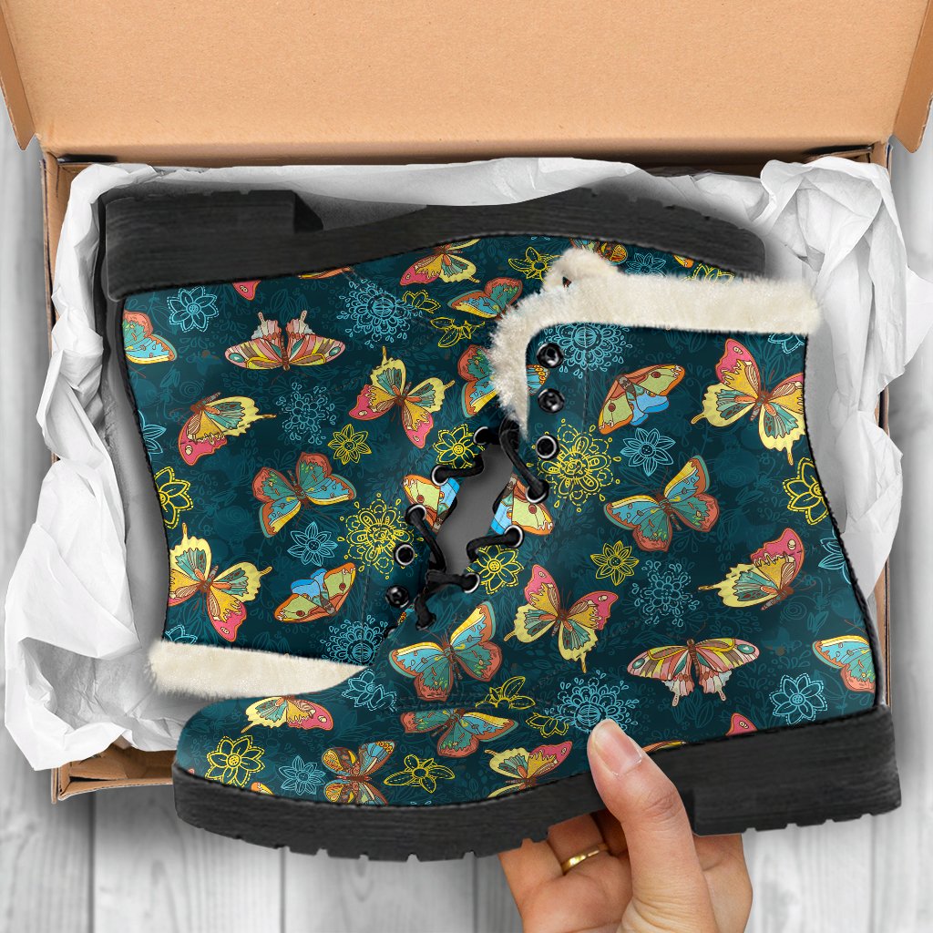 Butterfly Hand Draw Print Pattern Faux Fur Leather Boots-JTAMIGO.COM