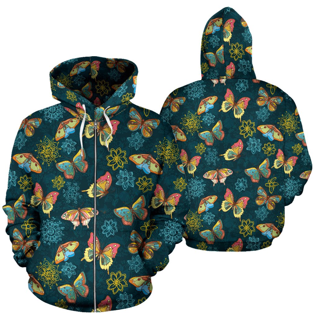 Butterfly Hand Draw Print Pattern Zip Up Hoodie