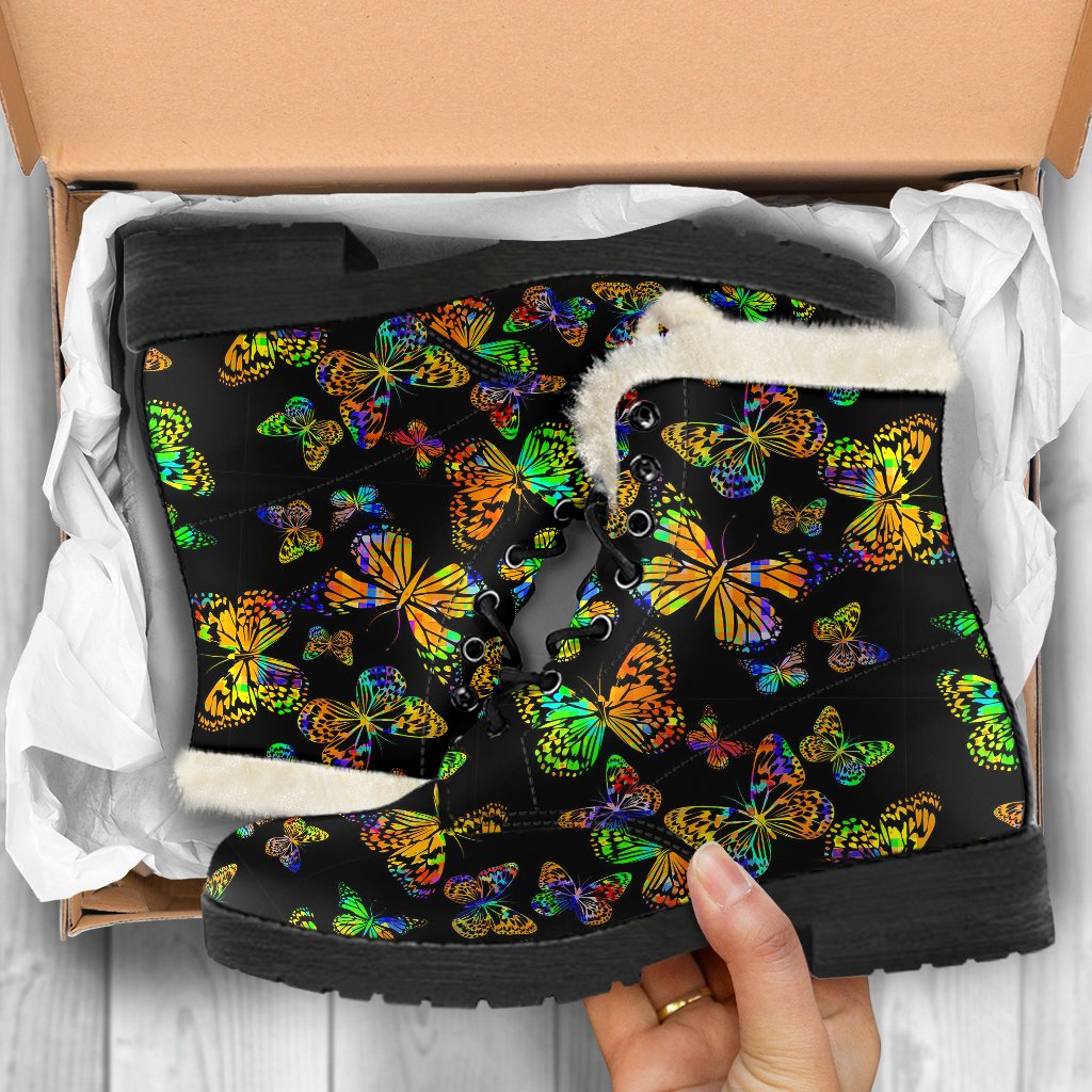 Butterfly Neon Color Print Pattern Faux Fur Leather Boots-JTAMIGO.COM