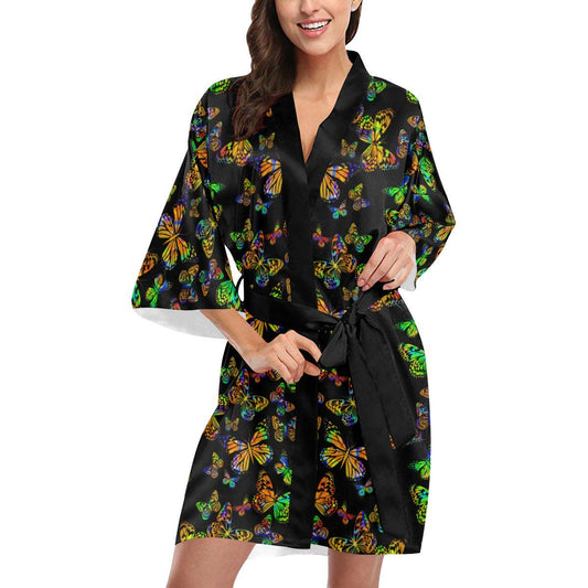 Butterfly Neon Color Print Pattern Women Short Kimono Robe