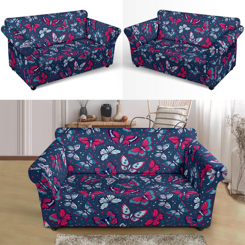 Butterfly Red Deep Blue Print Pattern Loveseat Slipcover-JTAMIGO.COM