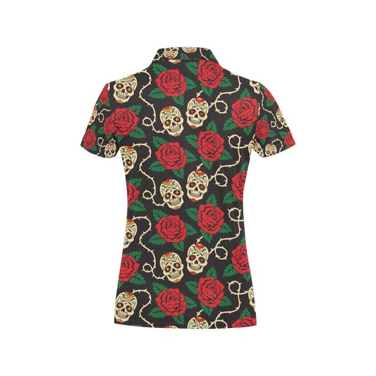 Sugar Skull Red Rose Print Design LKS301 Women's Polo Shirt