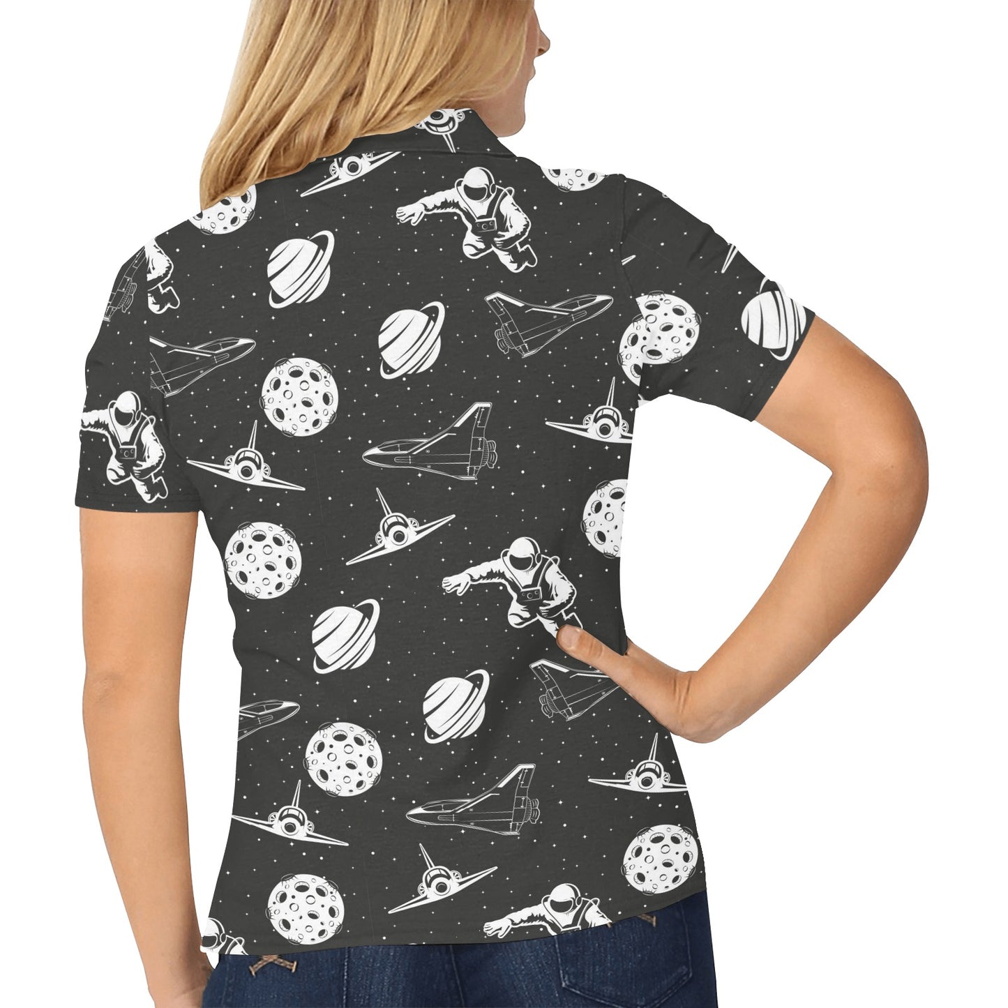 Space Astronauts Print Women's Polo Shirt