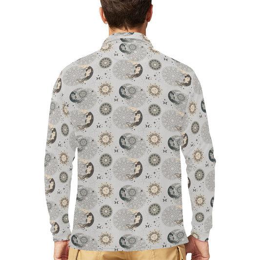 Sun Moon Print Design LKS302 Long Sleeve Polo Shirt For Men's