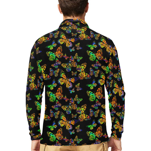 Butterfly Neon Color Print Pattern Long Sleeve Polo Shirt For Men's