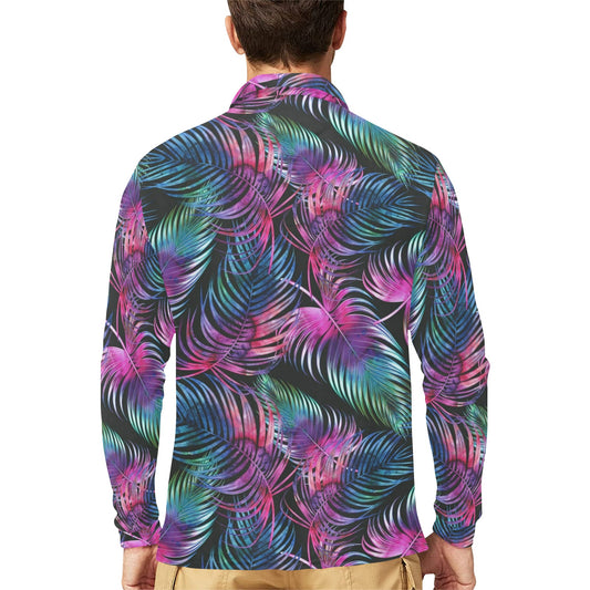 Palm Leaves Pattern Print Design PL010 Long Sleeve Polo Shirt For Men's