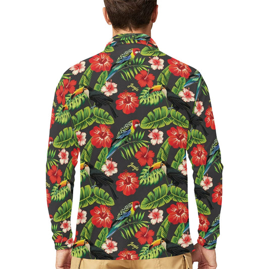 Tropical Flower Pattern Print Design TF04 Long Sleeve Polo Shirt For Men's