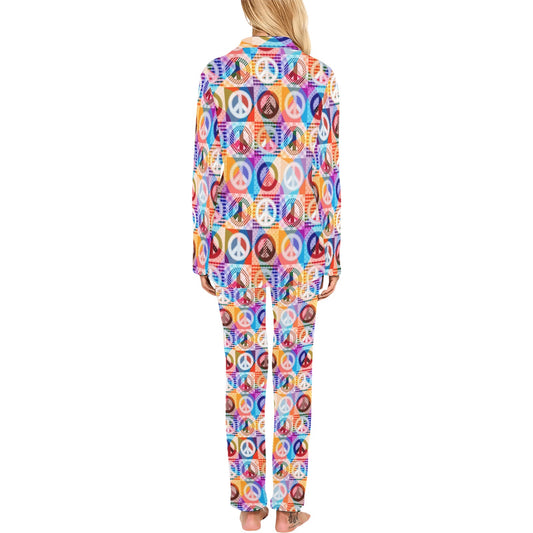 Peace Sign Patchwork Design Print Women's Long Pajama Set