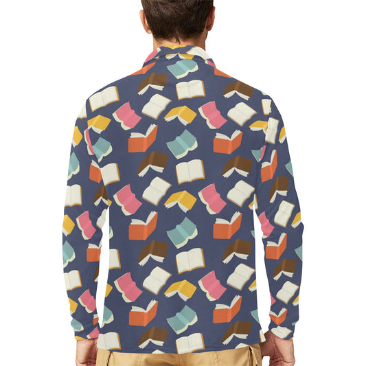 Book Pattern Print Design 01 Long Sleeve Polo Shirt For Men's
