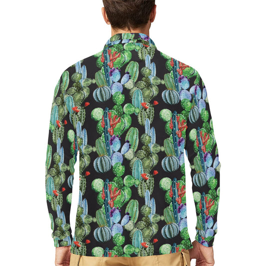 Cactus Watercolor Style Print Long Sleeve Polo Shirt For Men's