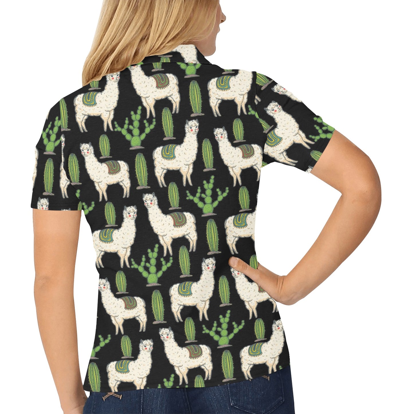 Llama Cactus Pattern Print Design 011 Women's Polo Shirt