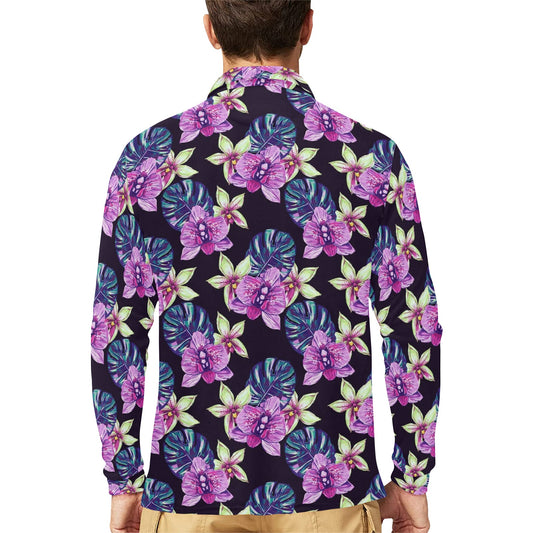 Orchid Pattern Print Design OR010 Long Sleeve Polo Shirt For Men's