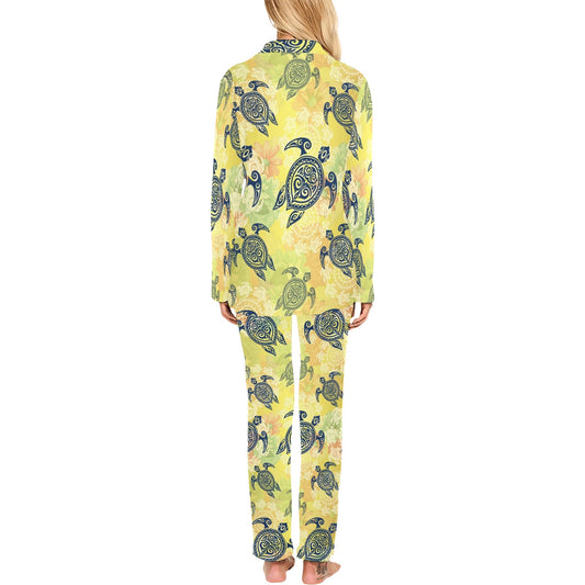 Hawaiian Turtle Tribal Design Print Women's Long Pajama Set