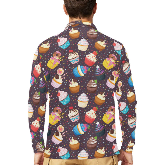 Cupcakes Party Print Pattern Long Sleeve Polo Shirt For Men's