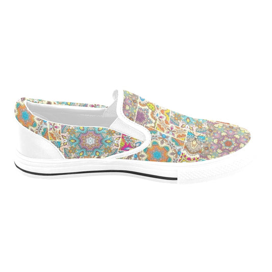 Patchwork Print Design LKS402 White Slip Ons Canvas Women's Shoes