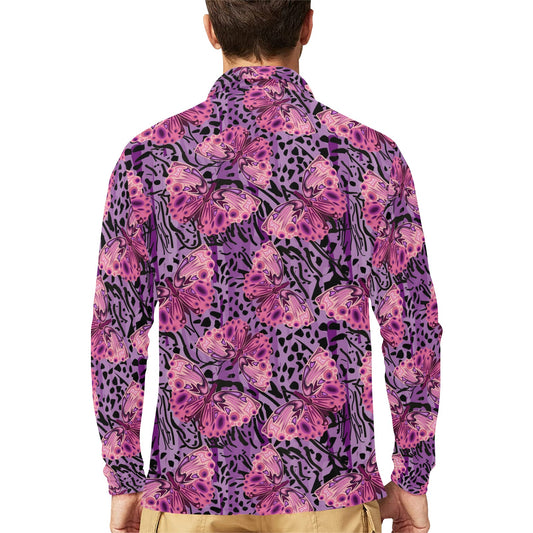 Purple Butterfly Leopard Long Sleeve Polo Shirt For Men's