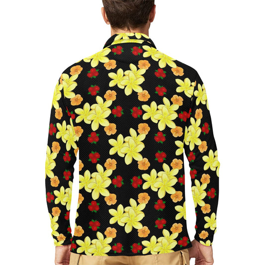 Yellow Plumeria Pattern Print Design PM04 Long Sleeve Polo Shirt For Men's