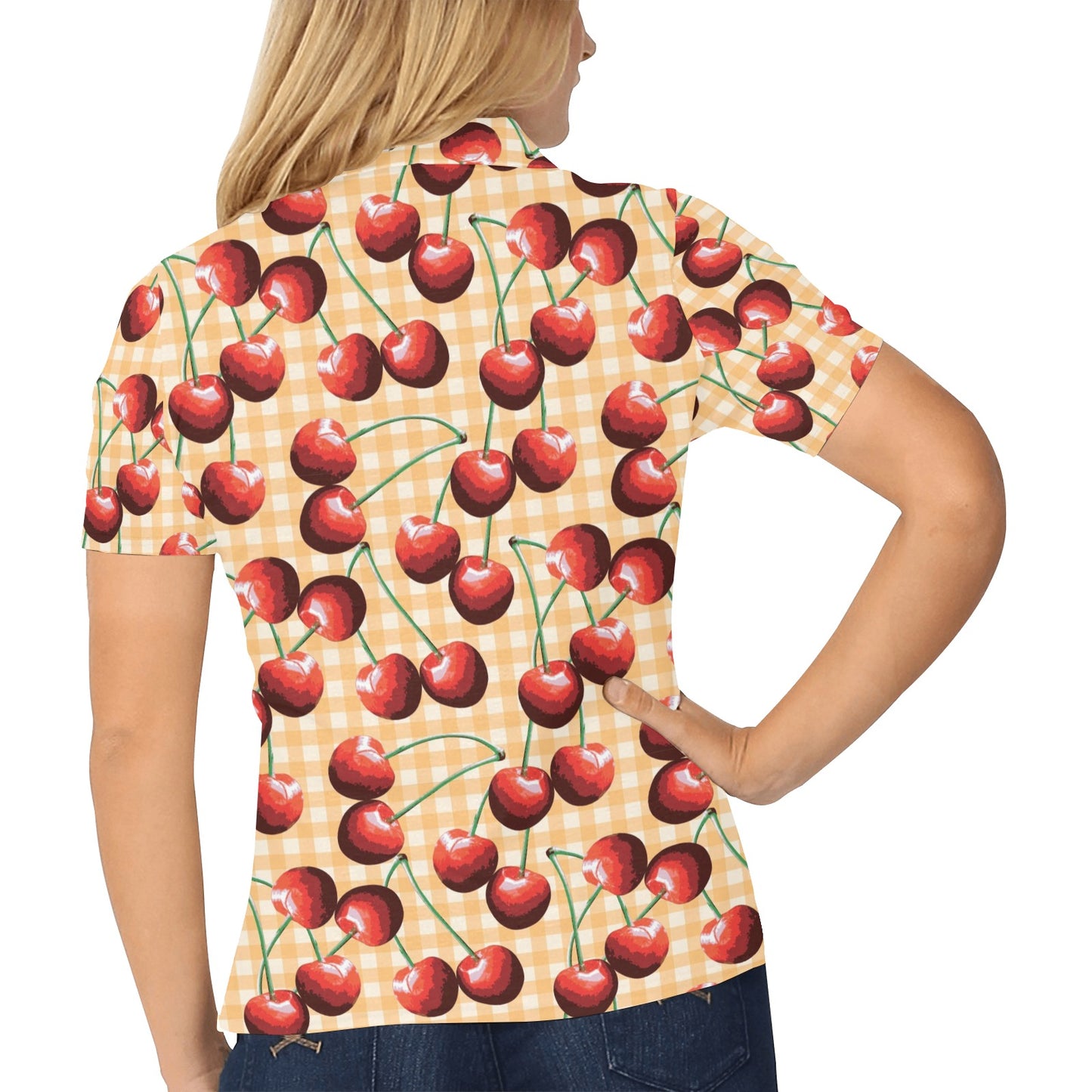 Cherry Orange Plaid Print Women's Polo Shirt