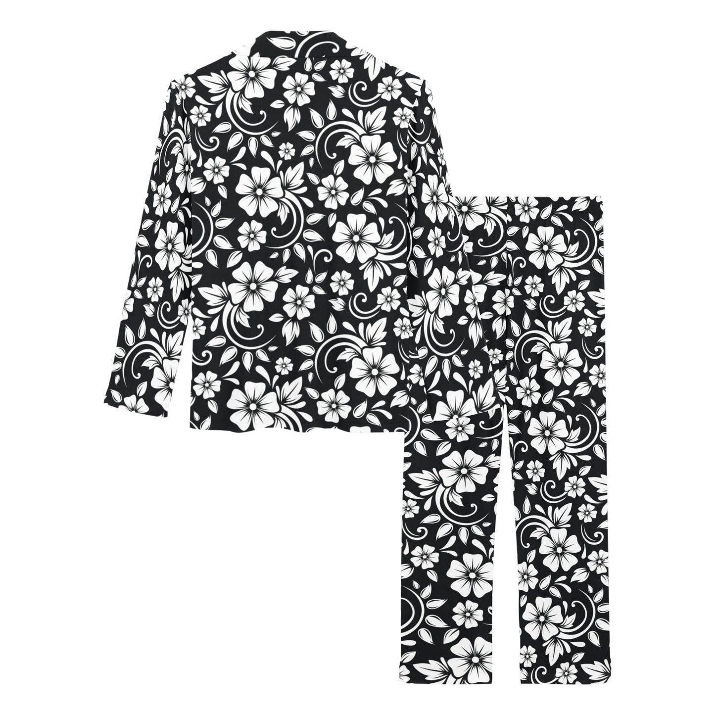 Floral Black White Themed Print Women's Long Pajama Set