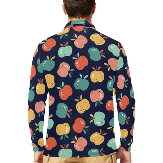 Apple Pattern Print Design AP09 Long Sleeve Polo Shirt For Men's