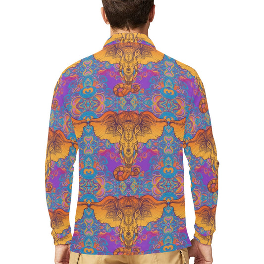 Gold Elephant Indian Long Sleeve Polo Shirt For Men's