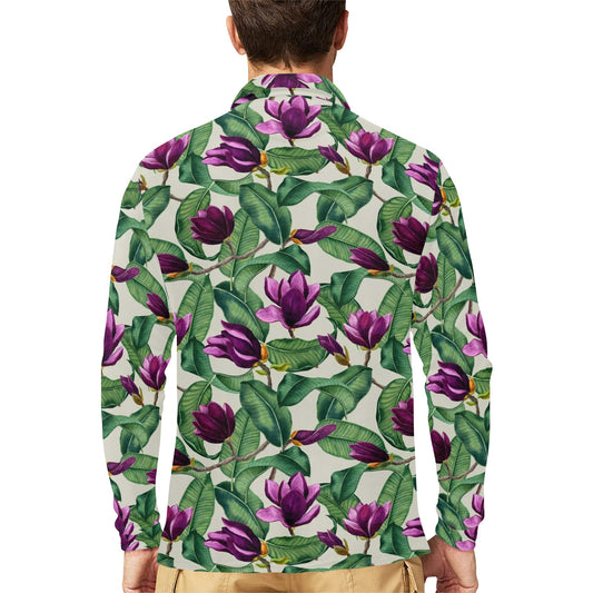 Magnolia Pattern Print Design MAG07 Long Sleeve Polo Shirt For Men's
