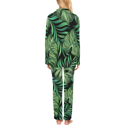 Green Fresh Tropical Palm Leaves Women's Long Pajama Set