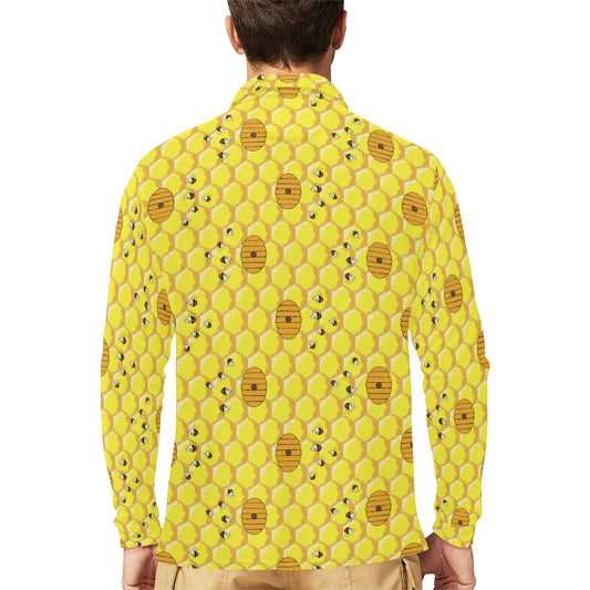 Honey Bee Print Design LKS303 Long Sleeve Polo Shirt For Men's
