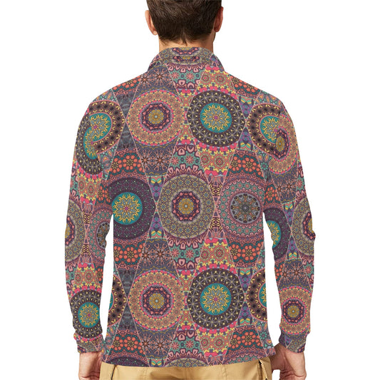 Bohemian Pattern Print Design 07 Long Sleeve Polo Shirt For Men's