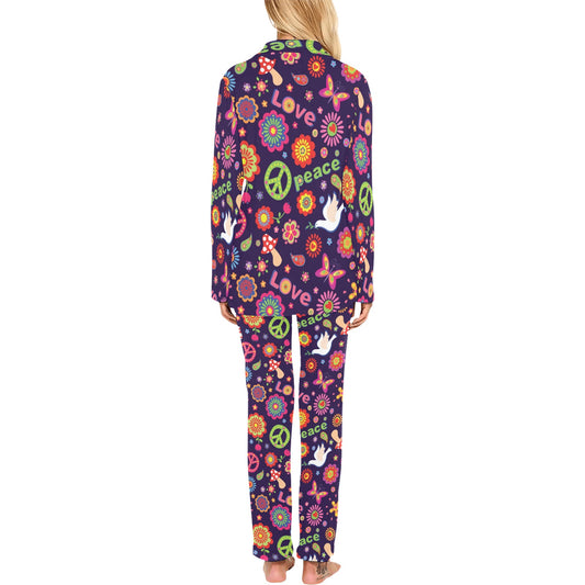 Flower Power Peace Design Print Women's Long Pajama Set