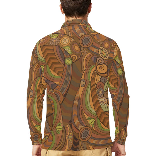 Maori Ornament Design Print Long Sleeve Polo Shirt For Men's