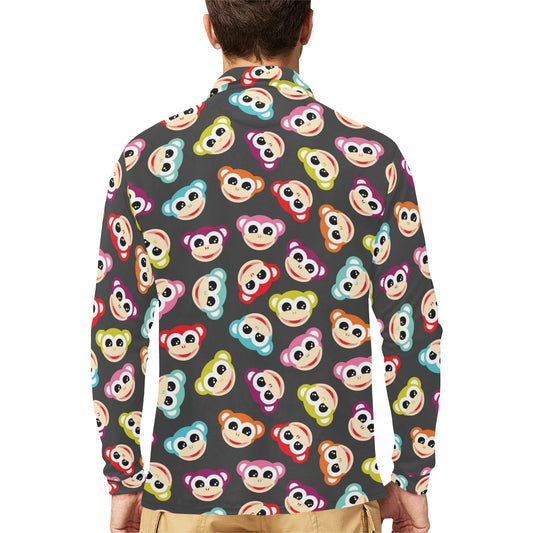 Monkey Head Design Themed Print Long Sleeve Polo Shirt For Men's