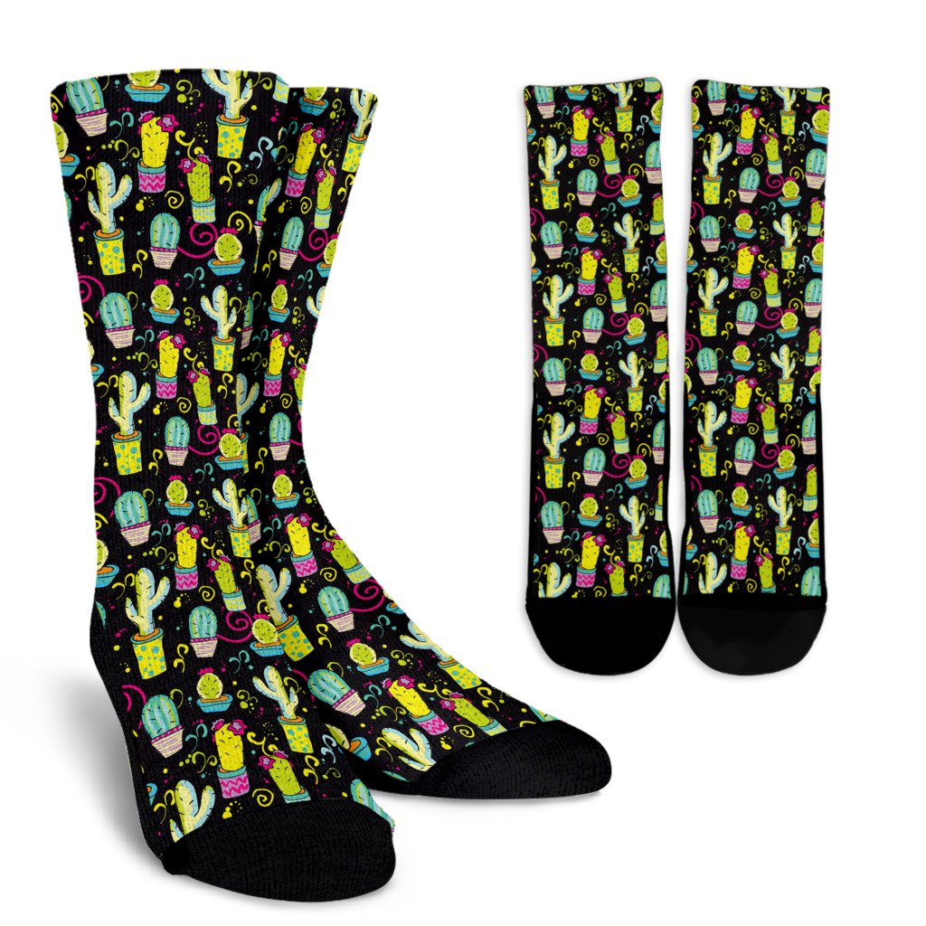 Cactus Neon Style Print Pattern Crew Socks