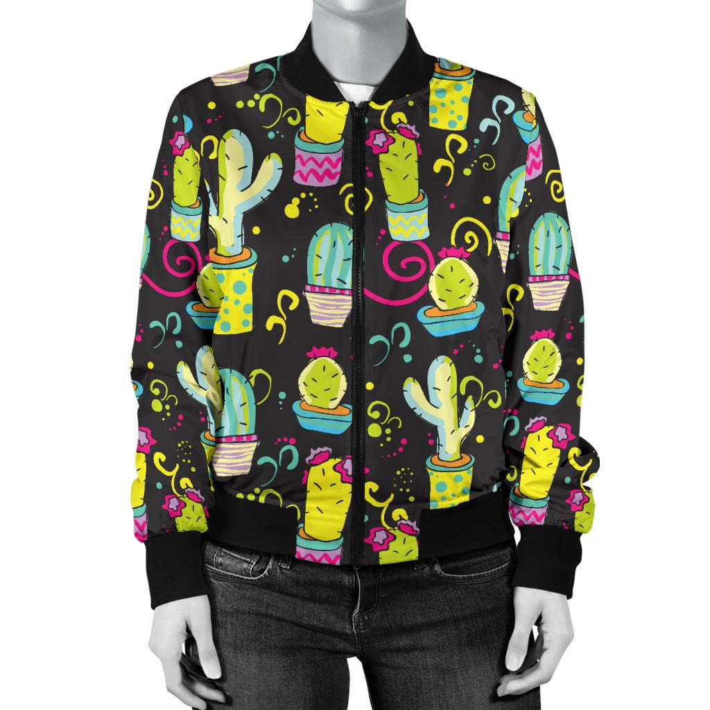 Cactus Neon Style Print Pattern Women Casual Bomber Jacket